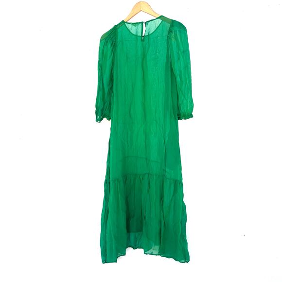 Ali Golden Peasant Dress Kelly Green Sheer Midi XS Sustainable Drop Waist - Picture 3 of 11
